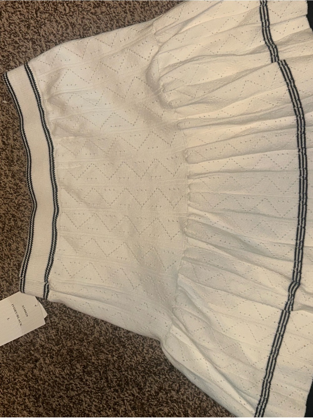 White Knit Pleated Women's Skirt with Navy Trim